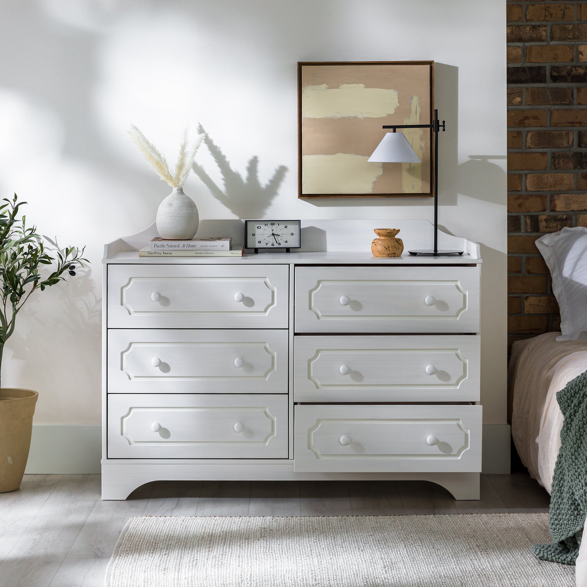 Manor Park Classic Gallery-Top Beveled 6-Drawer Dresser, White