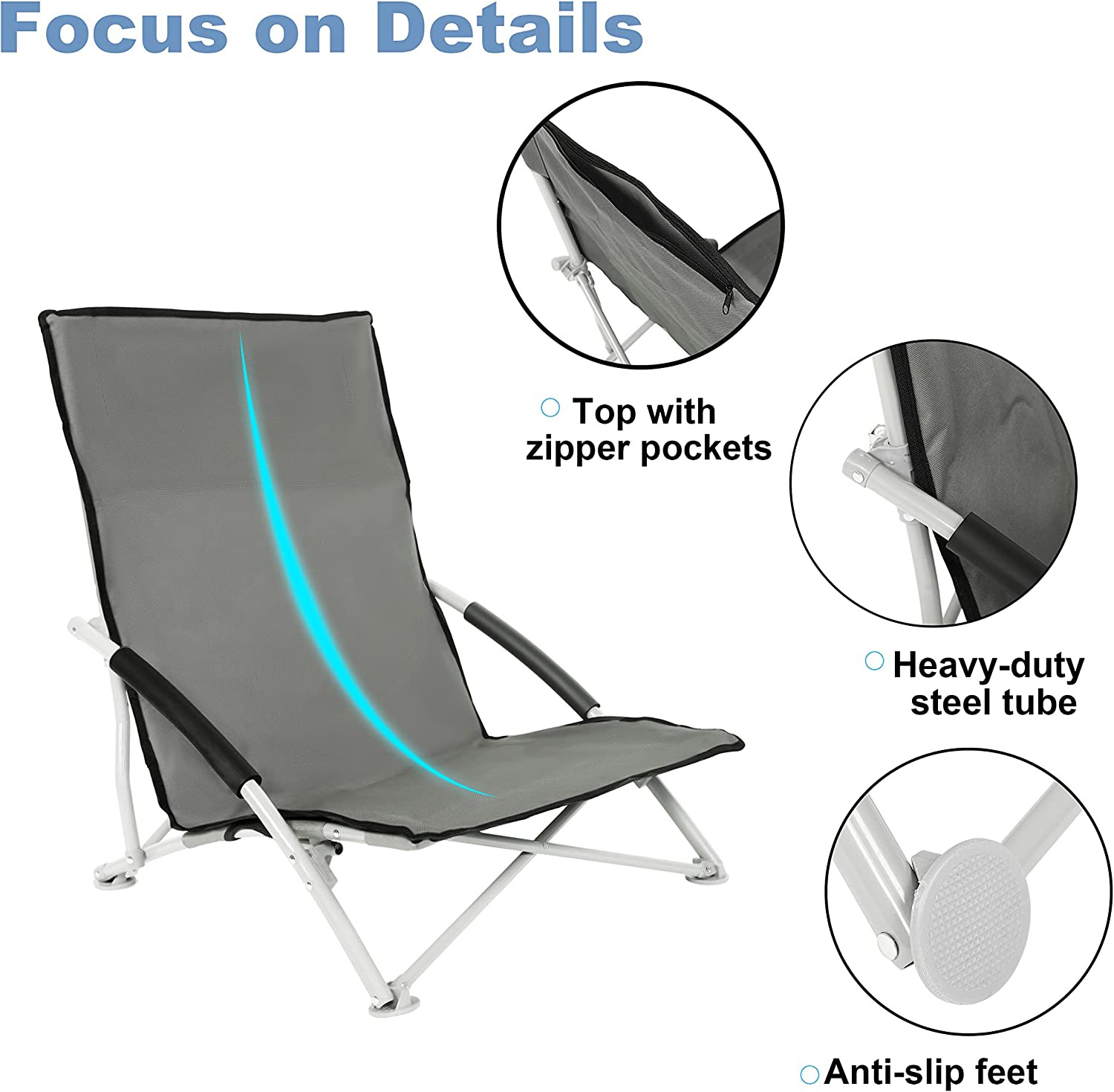 YSSOA Low Seat Lightweight Folding Beach Chair for Adults with Carry Bag， High Back Mesh Back Sand Chair