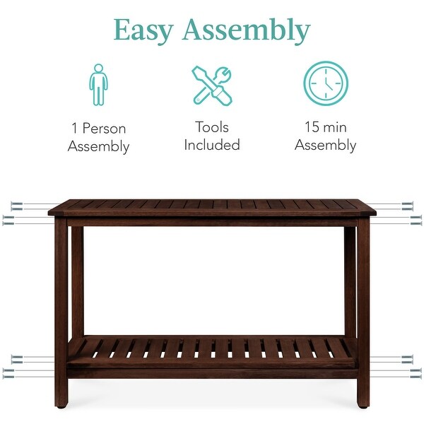 48in 2Shelf Eucalyptus Wooden Console Table Indoor Outdoor Multifunctional Buffet Bar Storage Organizer w/Foot Sliders