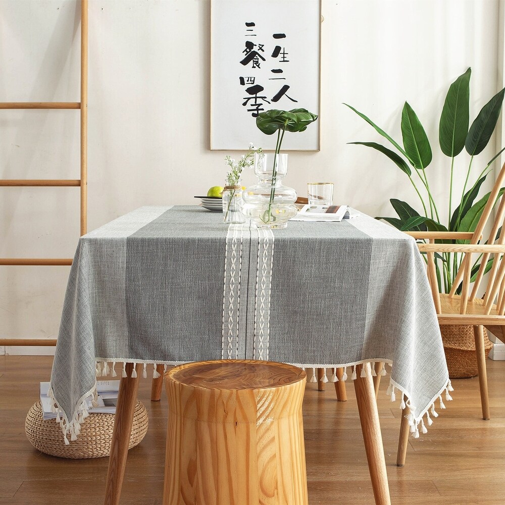 Enova Home Light Grey High Quality Rectangle Cotton and Linen Tablecloth with Tassels