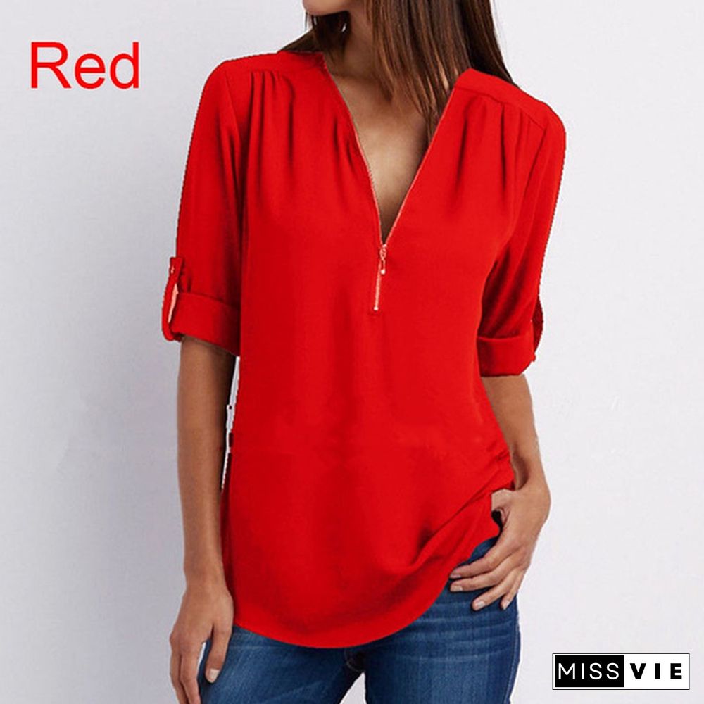 Plus Size Women's Fashion Chiffon Shirt V-neck Long Sleeve Loose Tops Zipper T-Shirt( S-4XL)