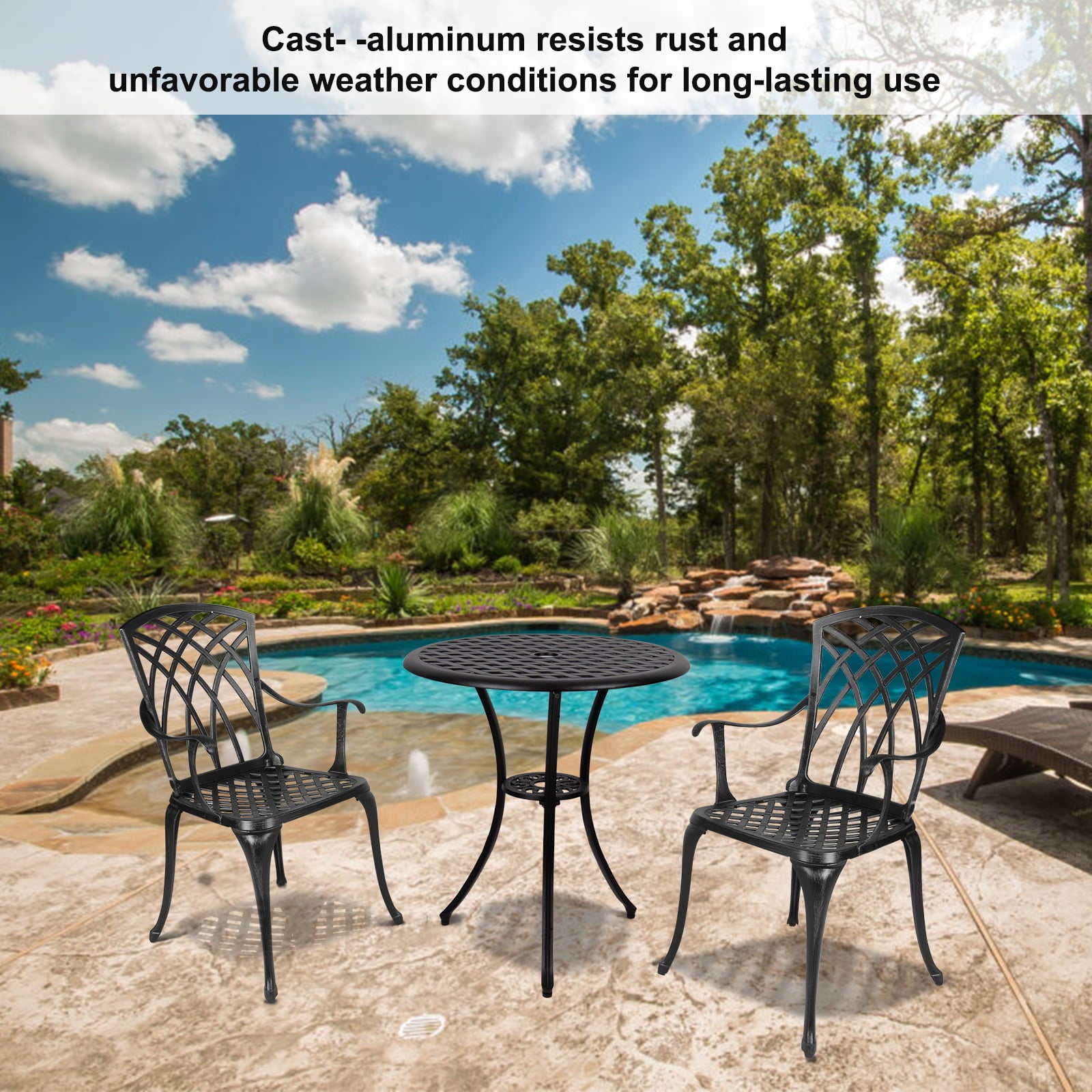 Polar Aurora 3 Piece Cast Aluminum Patio Bistro Set Table Outdoor Round Dining Armchair with Umbrella Hole for Porch， Lawn， Garden， Backyard， Pool， Black