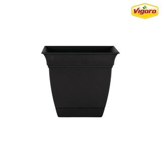 Vigoro 10 in. Mirabelle Medium Black Plastic Square Planter (10 in. D x 9 in. H) with Drainage Hole and Attached Saucer ECP10005G18