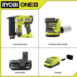 RYOBI ONE+ 18V 18-Gauge Cordless AirStrike Brad Nailer with Cordless 5 in. Random Orbit Sander 4.0 Ah Battery Charger P321K1N-PCL406B