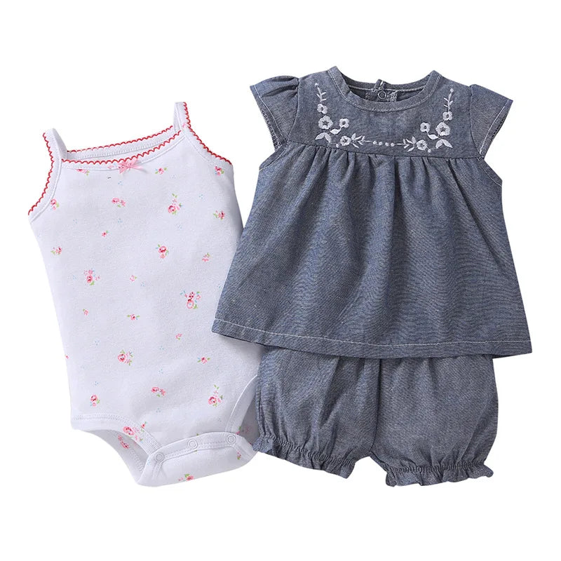 3 Pieces Newborn Infant Baby girl clothes 2023 Summer Cute Cartoon Bodysuit+Tops+Shorts Soft Cotton Bebies Kids Outfits