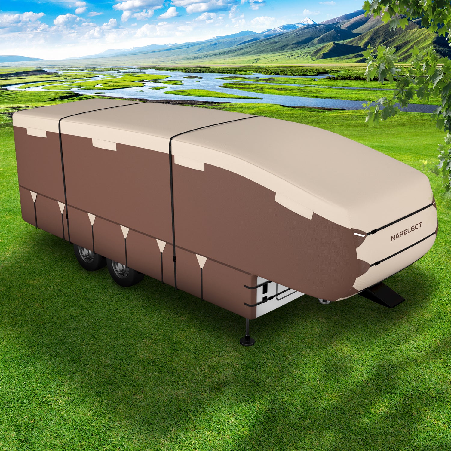 Narelect 5th Wheel Cover Two Color Design RV Cover Fits 37'-40' RV Heavy Duty 5th Wheel RV Cover Anti-UV Waterproof Windproof， with Gutter Cover and 2 Pcs Extra Straps