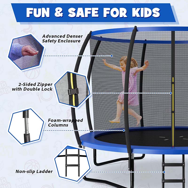 8/10/12FT ASTM Approved Outdoor Large Recreational Trampoline with Ladder & Enclosure Net Safety Pad