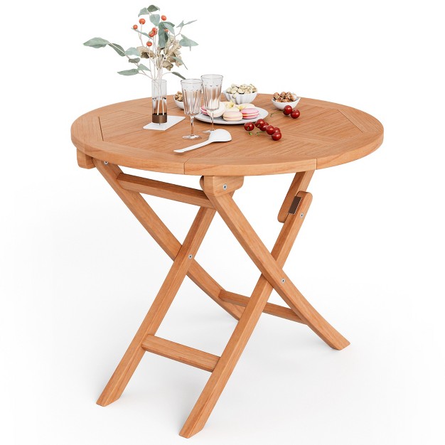 Costway 31 5 x27 x27 Patio Round Folding Dining Table Solid Teak Wood Natural Outdoor Portable