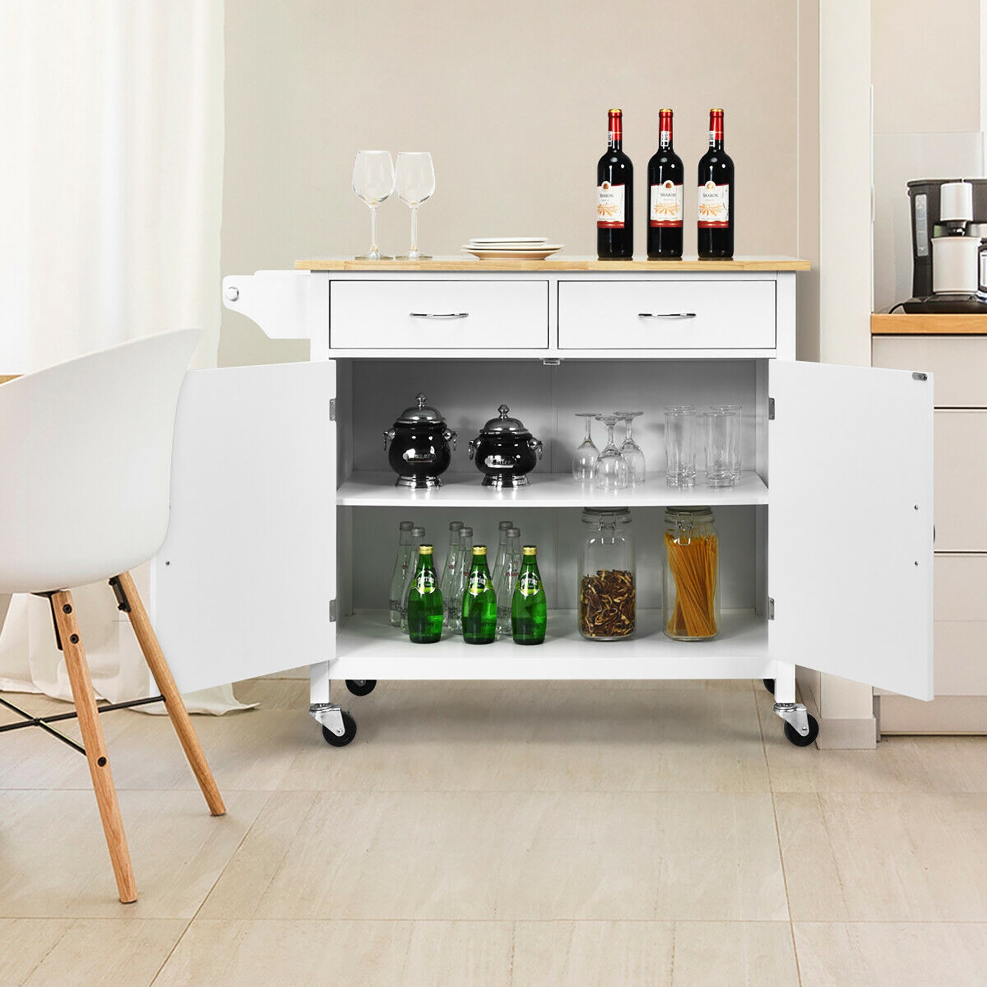 Costway Rolling Kitchen Cart Island Wood Top Storage Trolley Cabinet Utility Modern