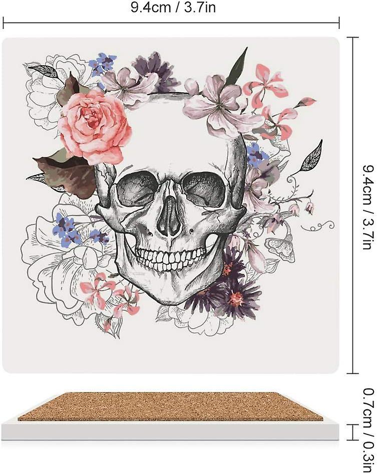 Printed Square Skull And Flowers Ceramic Coasters With Cork-backed For Coffee Drink Cup Mat Absorbent Stone Coaster Set Of 4/6