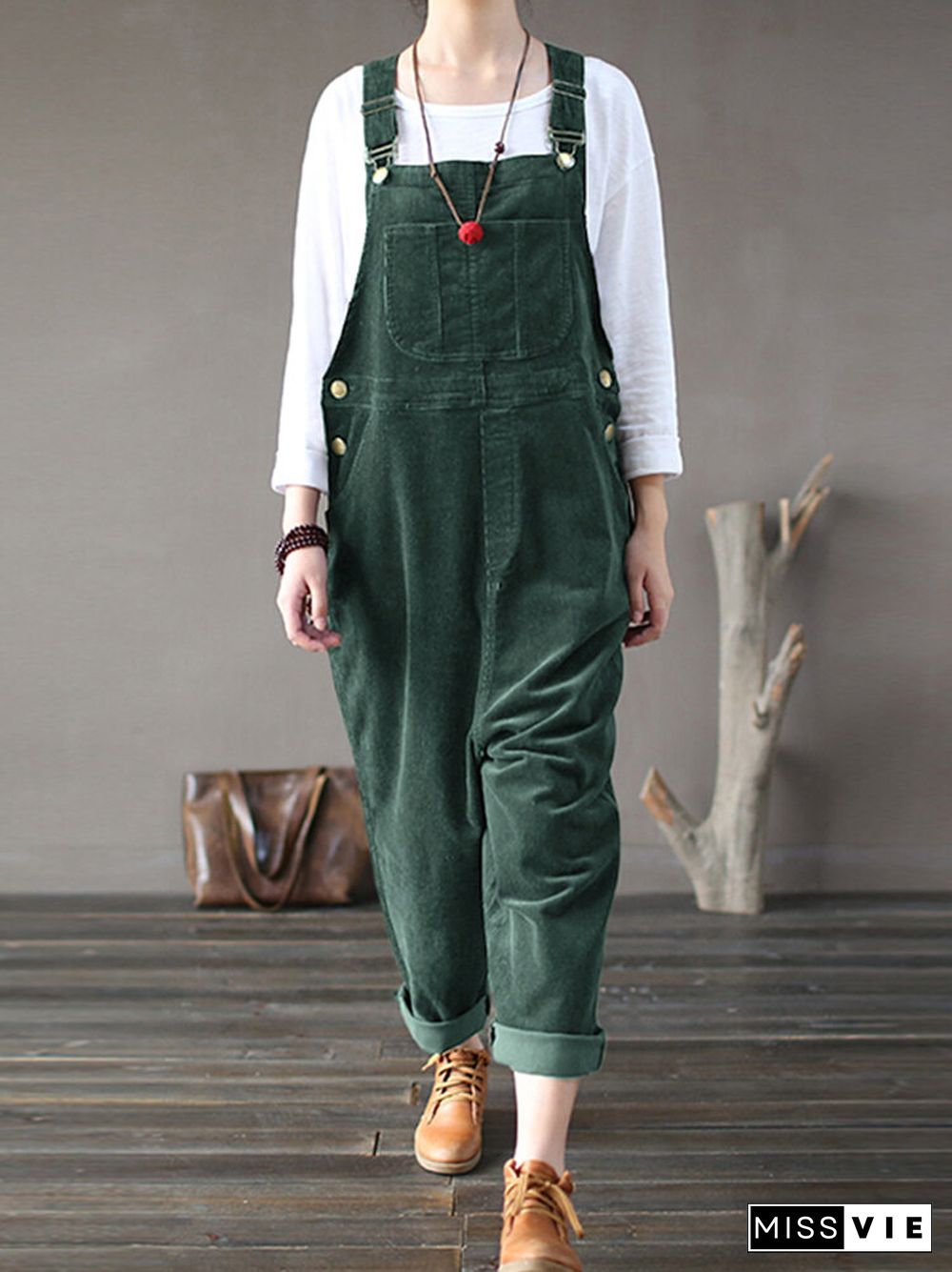 Solid Color Button Pockets Sleeveless Corduroy Jumpsuits