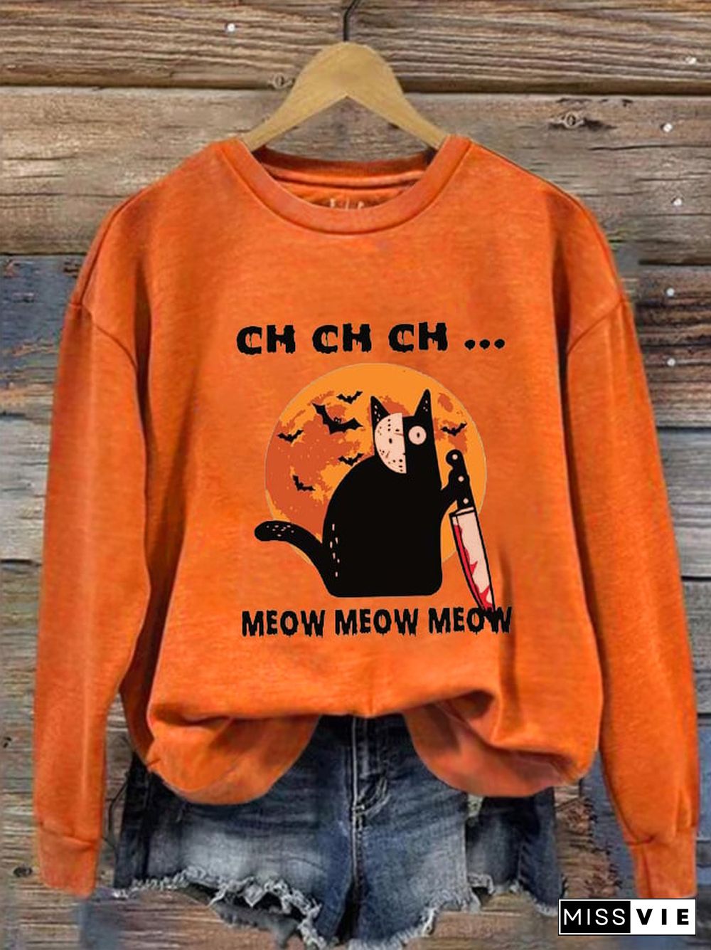 Women's Halloween Bats Black Cat Prnted Sweatshirt