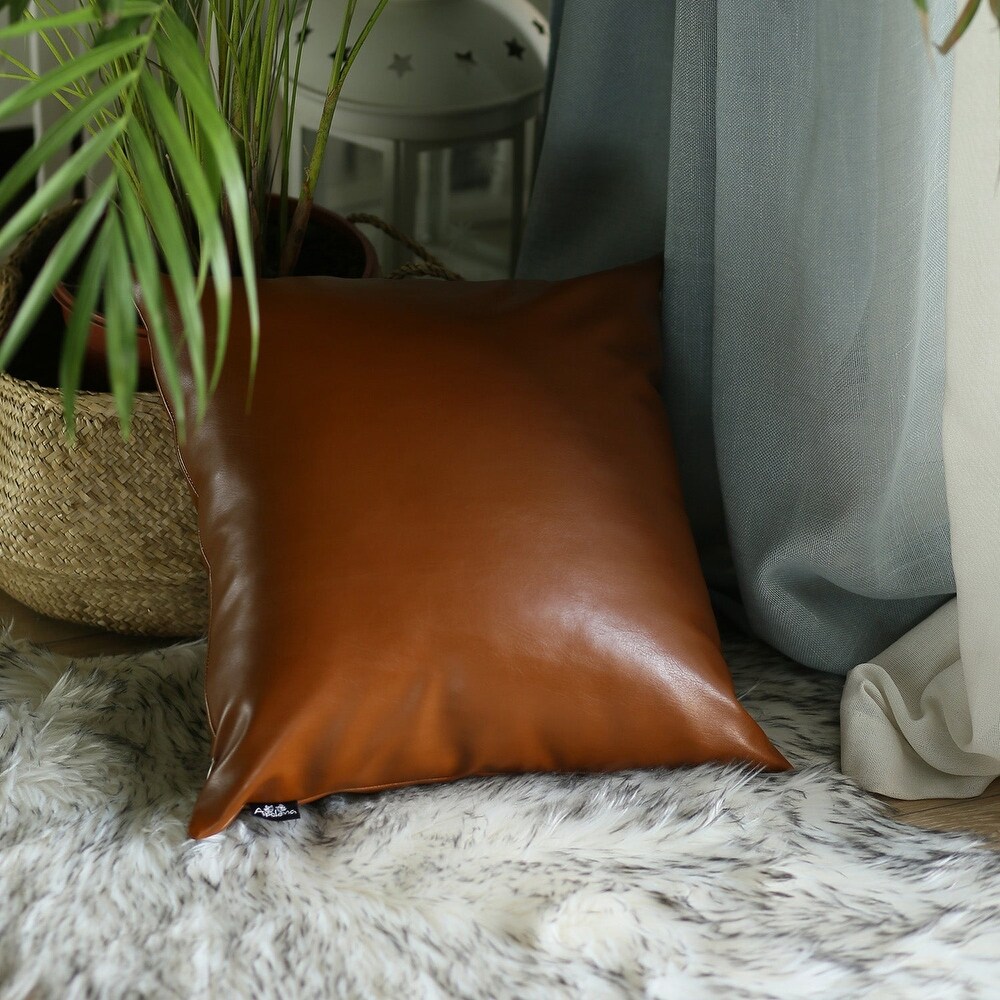 Bohemian Mixed Set of 2 Vegan Faux Leather Brown Solid Throw Pillow Cover