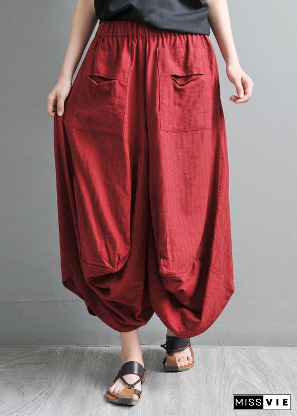 Simple Red Pockets Wide Leg Pants Skirt Summer