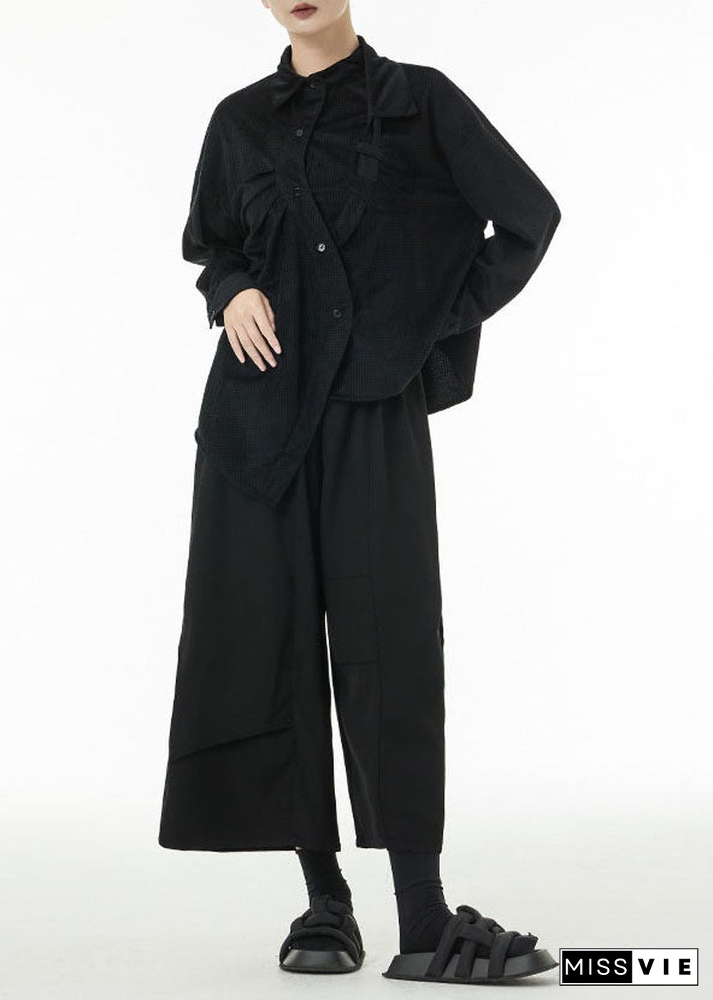 Black Oversized Silk Velour Shirt Top Asymmetrical Design Spring