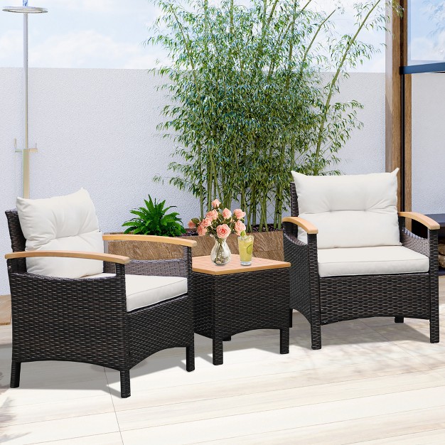 Tangkula 3pcs Patio Pe Rattan Conversation Furniture Set Bistro Set Acacia Wood Tabletop