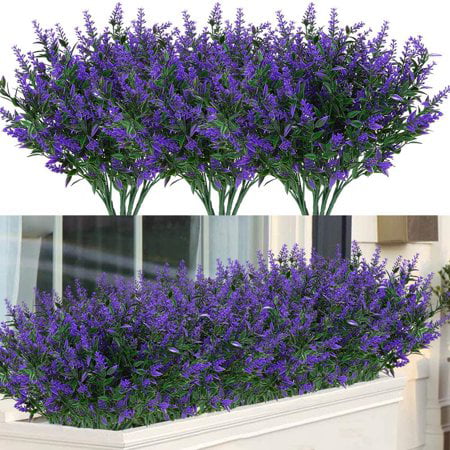 Morttic 24 Bundles Outdoor Artificial Lavender Fake Flowers UV Resistant Shrubs, Faux Plastic Greenery for Indoor Outside Hanging Plants Garden Porch Window Box Home Wedding Farmhouse Decor (Fuchsia)