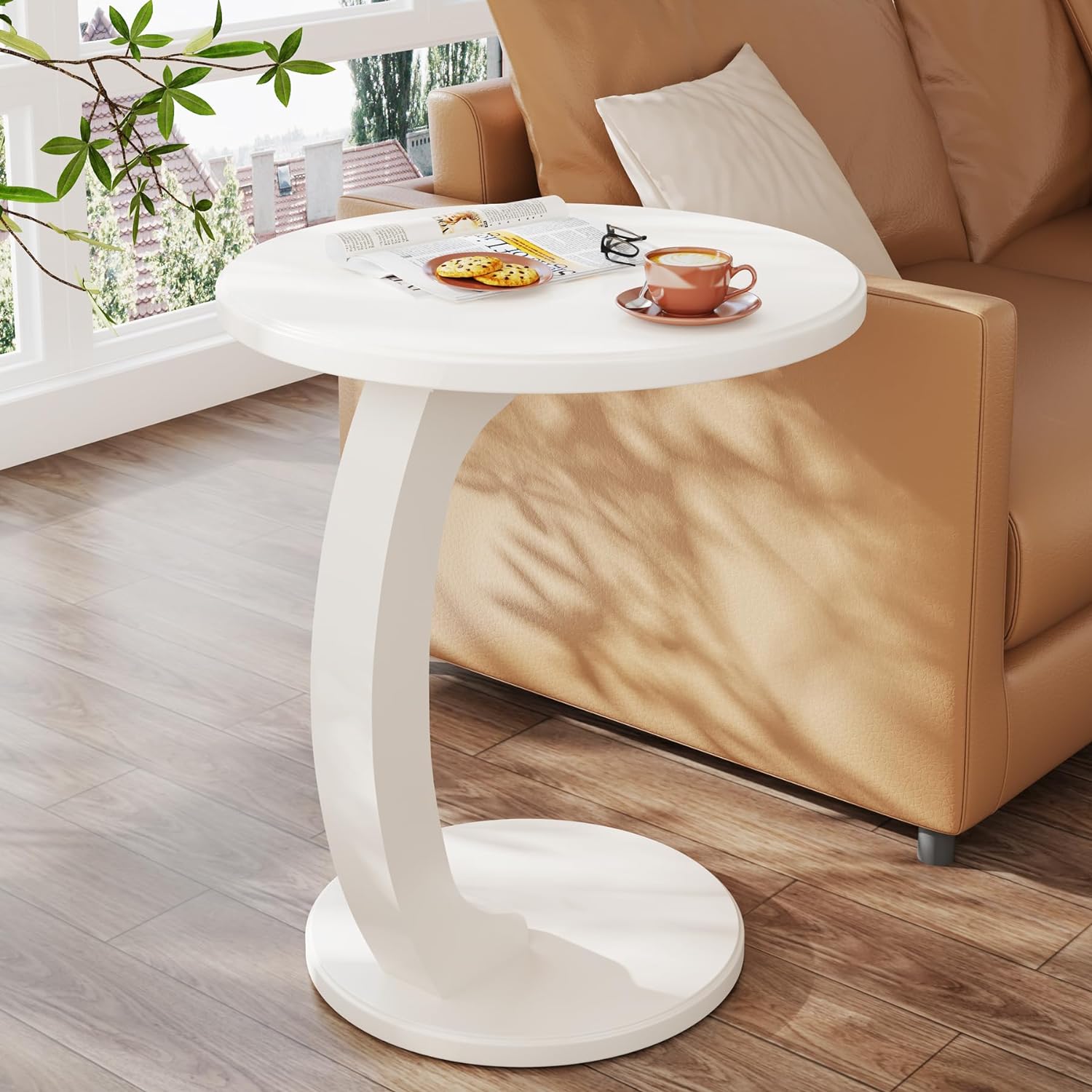 C-Shaped End Table, Round Solid Wood Side Table for Living Room