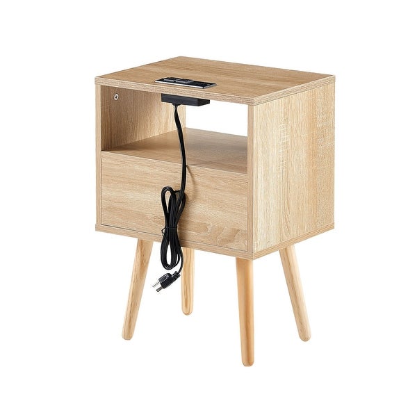 Rectangle MDF Rattan End Table Nightstand Side Table with Power Outlet and USB Ports - 15.75*11.81