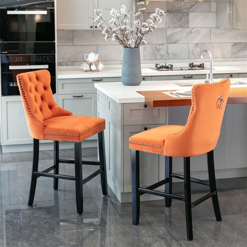 Counter Height Bar Stools Set of 2  Velvet Upholstered Dining Chairs with Nailhead Trim  Wooden Legs  Button Tufted Decor