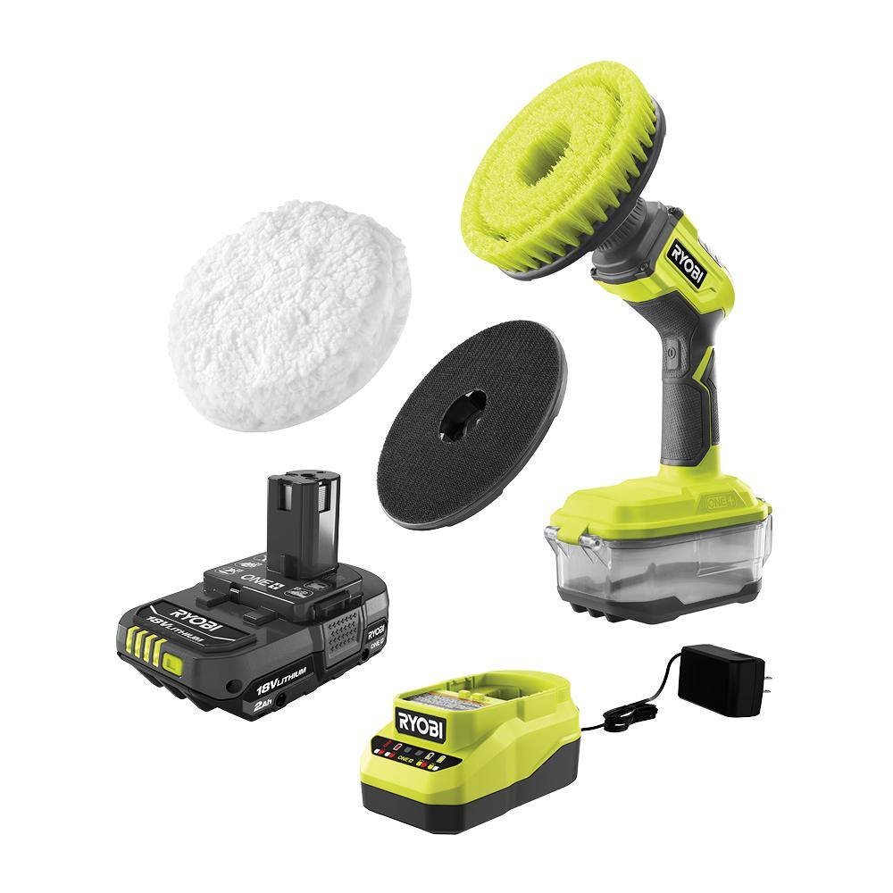 RYOBI ONE+ 18V Cordless Compact Power Scrubber Kit with 2.0 Ah Battery Charger and 6 in. 2-Piece Lambswool Kit P4510K-A95LWK1