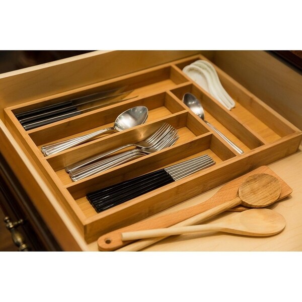 6 Slot Bamboo Drawer Organizer， Silverware Drawer Dividers， Flatware Tray， 17