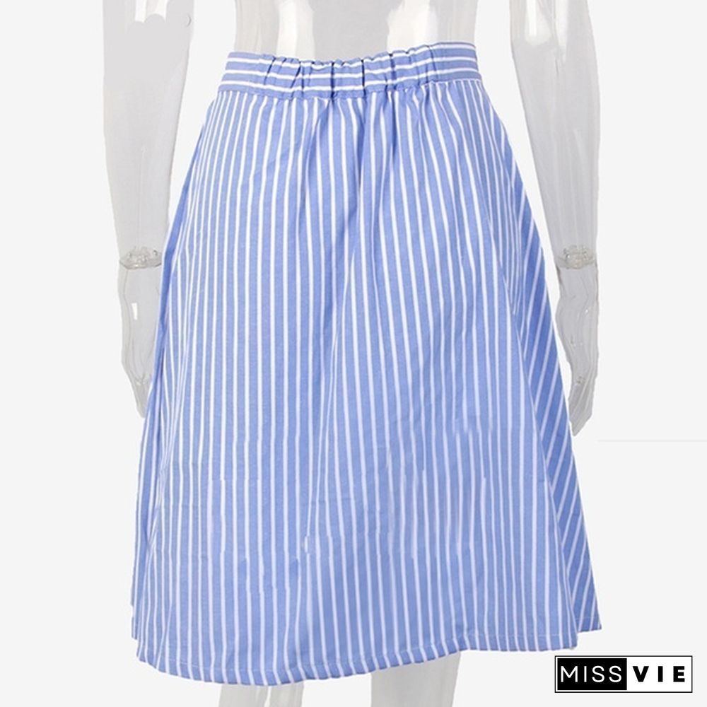 Women Striped A-Line Blue Single-Breasted Skirt Summer Cute Casual Knee-Length Skirts