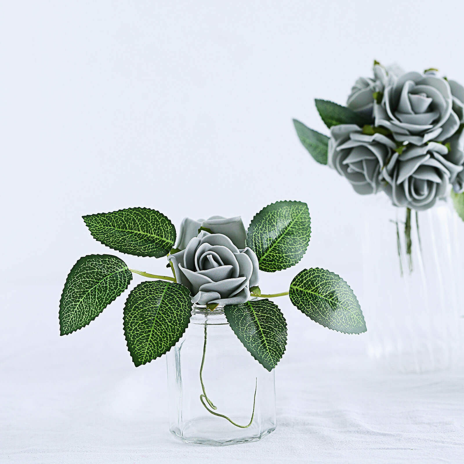 24 Roses Silver Artificial Foam Flowers With Stem Wire and Leaves 2