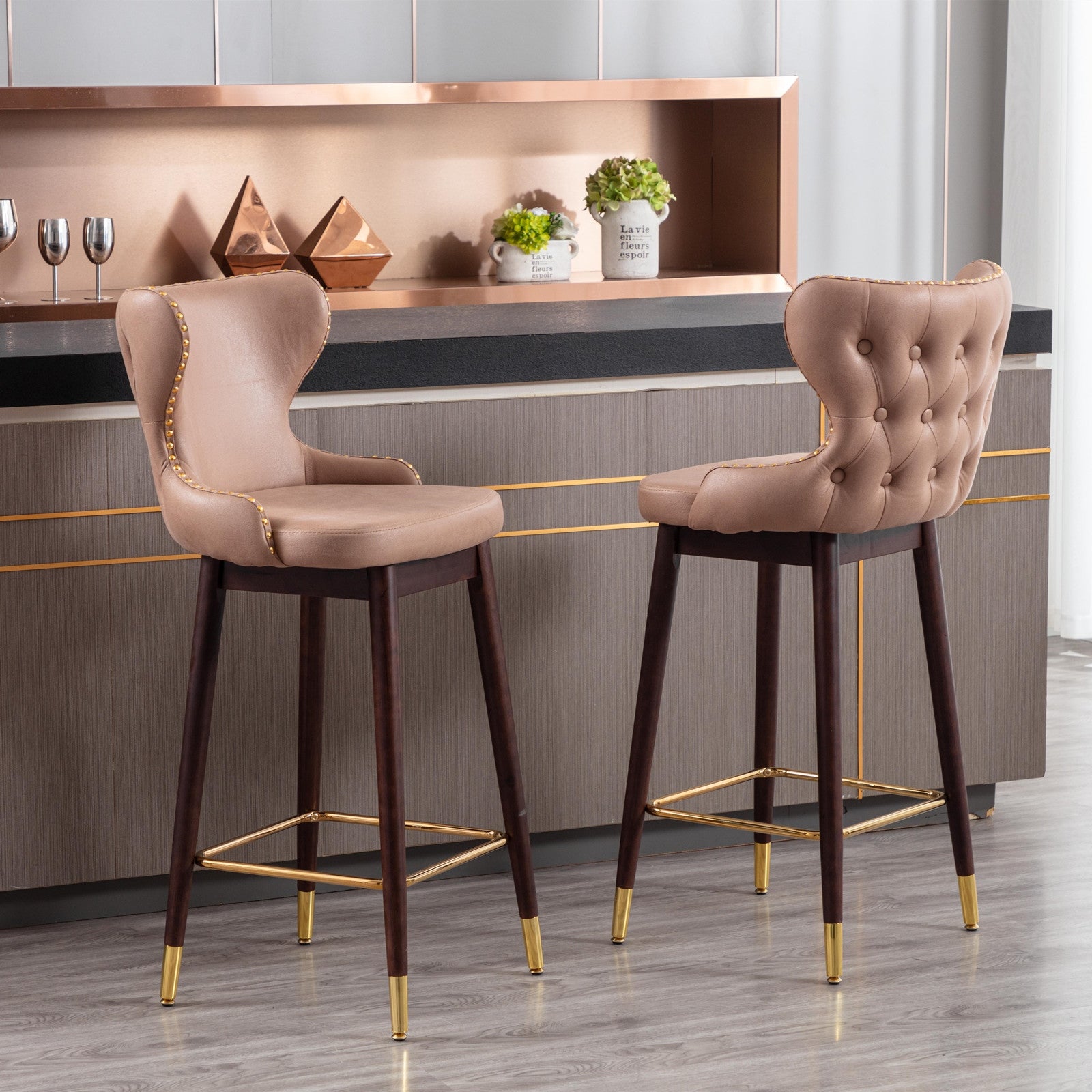 29.9 Fabric bar chairs， Gold Decoration Bar stools， Set of 2 Khaki