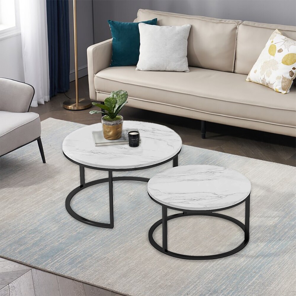 31.5 in. White Round Nesting MDF Coffee Table with Marble Color Top