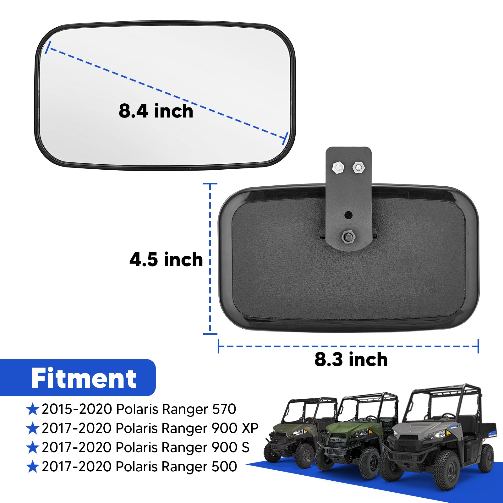 WEISEN - NEW Center Rear Wide View Mirror for 2017-2022 Polaris Ranger 500 570 900 1000 XP w/ Factory Mounting Tab | Shatter-proof Tempered Glass