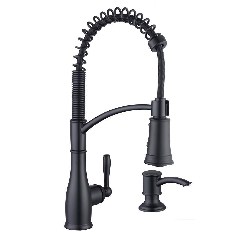 Glacier Bay Mandouri Single-Handle Spring Neck Pull-Down Sprayer Kitchen Faucet with Soap Dispenser in Matte Black HD67458-1310H