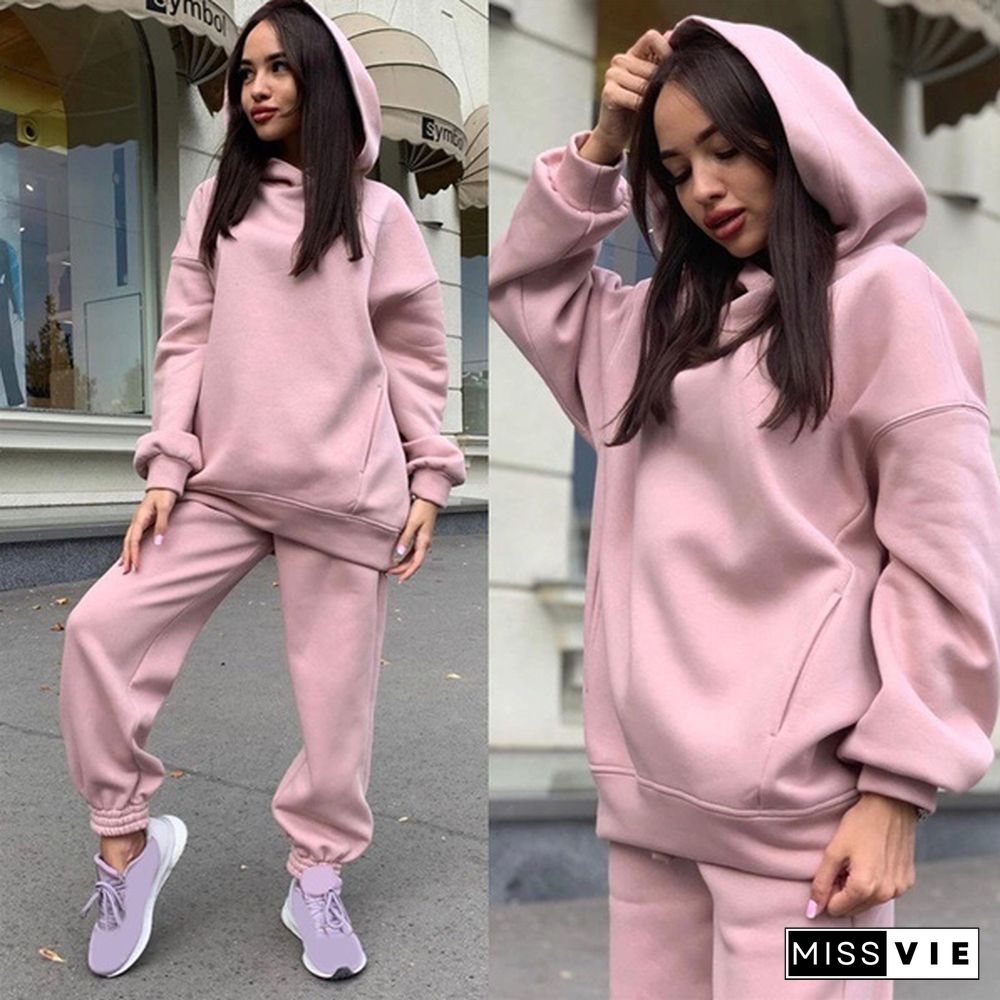 Women Hoodies Two Piece Set Long Sleeve Solid Casual Pocket Sweater Suit Spring Elastic Sport Pants Female Tracksuit