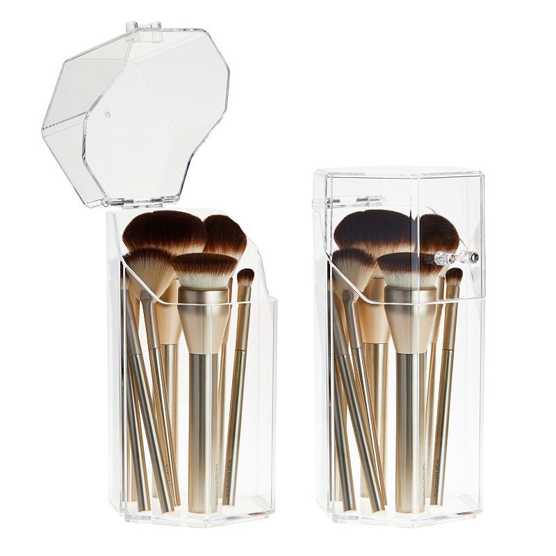 2 Pack Clear Hexagon Acrylic Makeup Brush Holder with Lid， Cosmetic Organizer