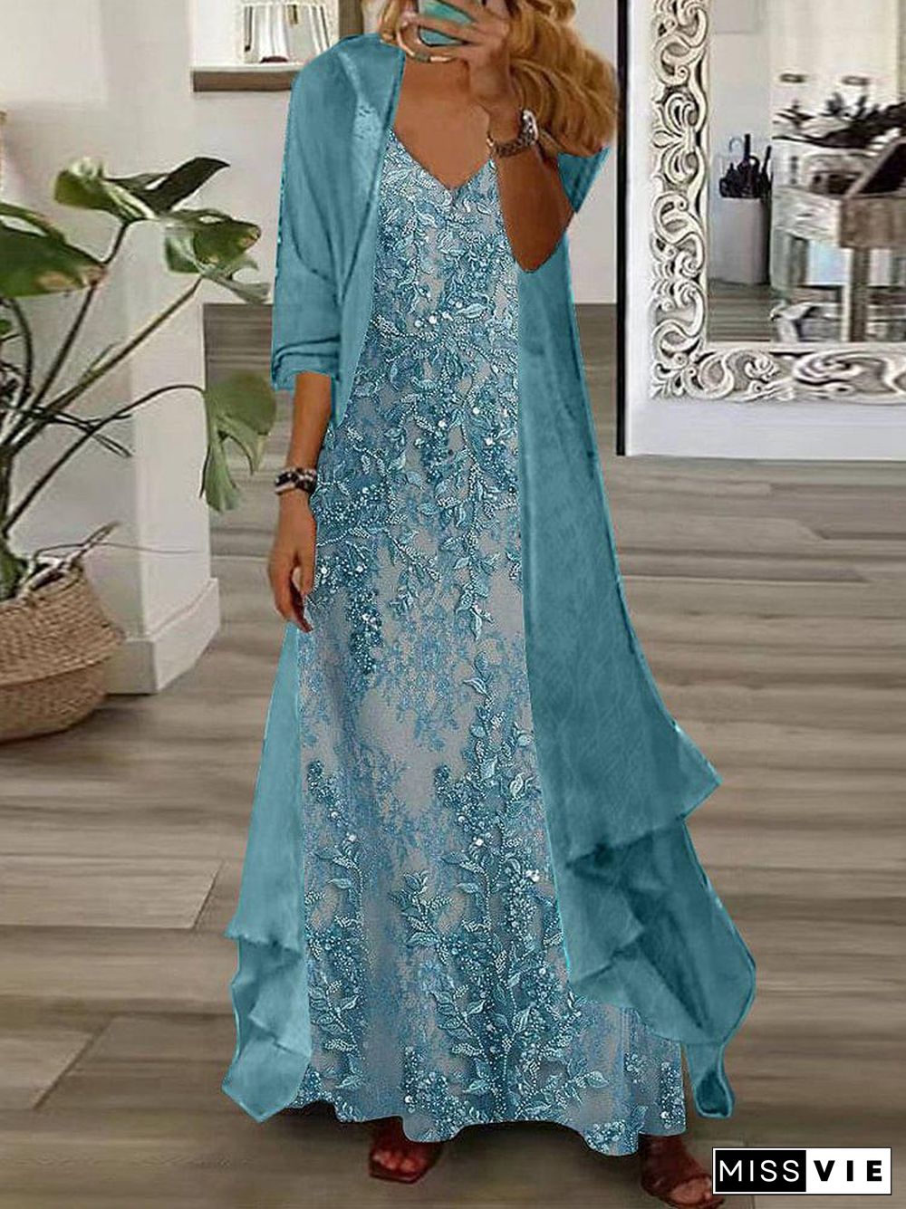 Stylish Blue Maxi Dress With Thin Jacket Two Piece Outfits