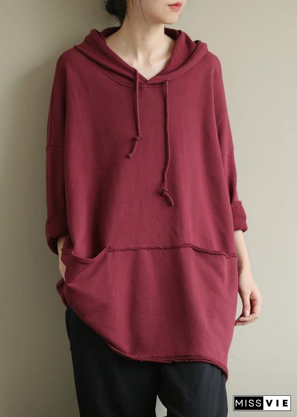 Art red blouses for women hooded drawstring oversized fall top