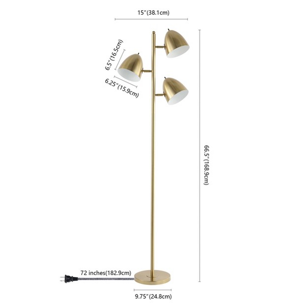 3 light Billy Modern Contemporary Iron Led Floor Lamp Brass Gold includes Led Light Bulb Jonathan Y