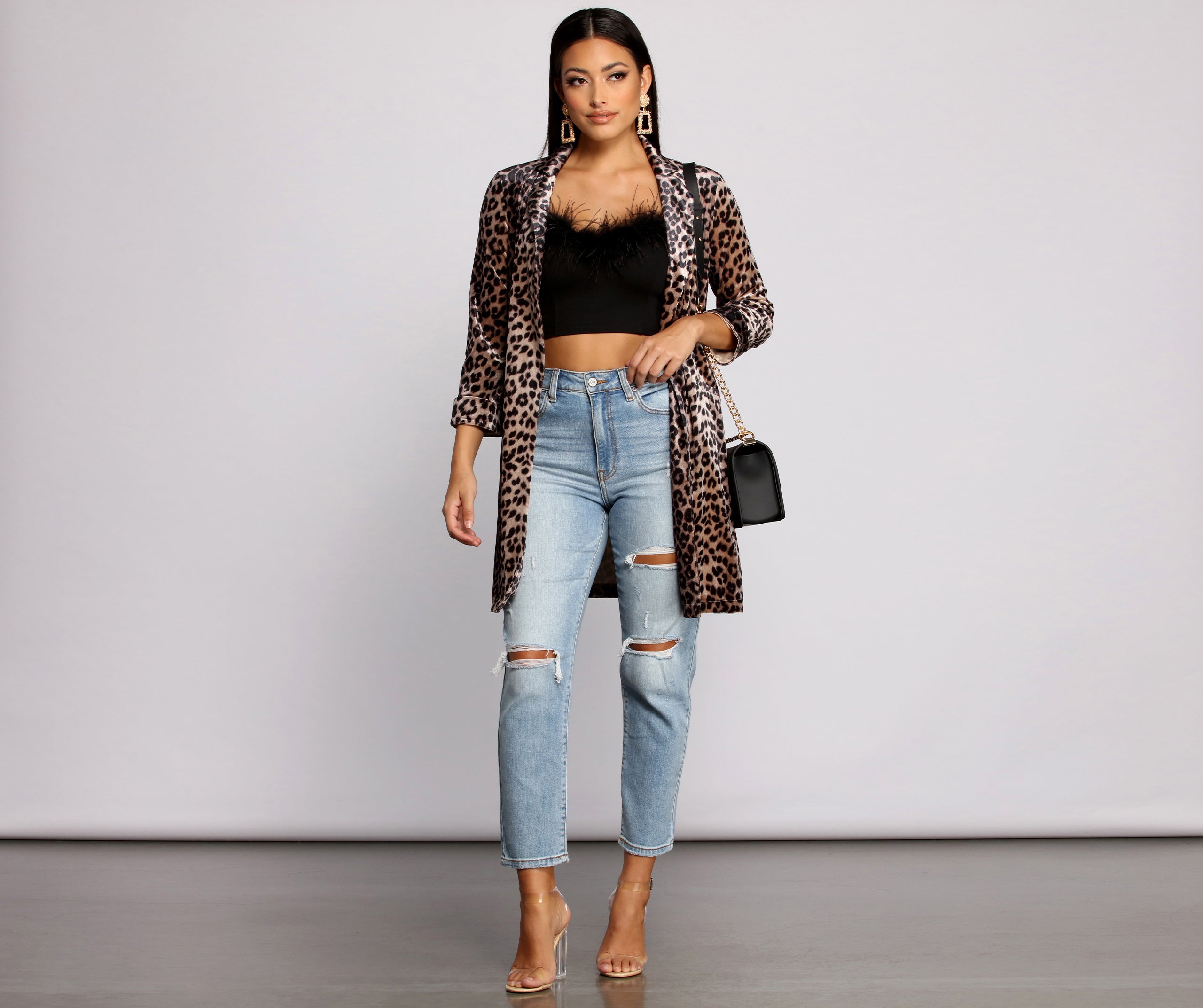 Velvet Leopard Print Long Line Blazer