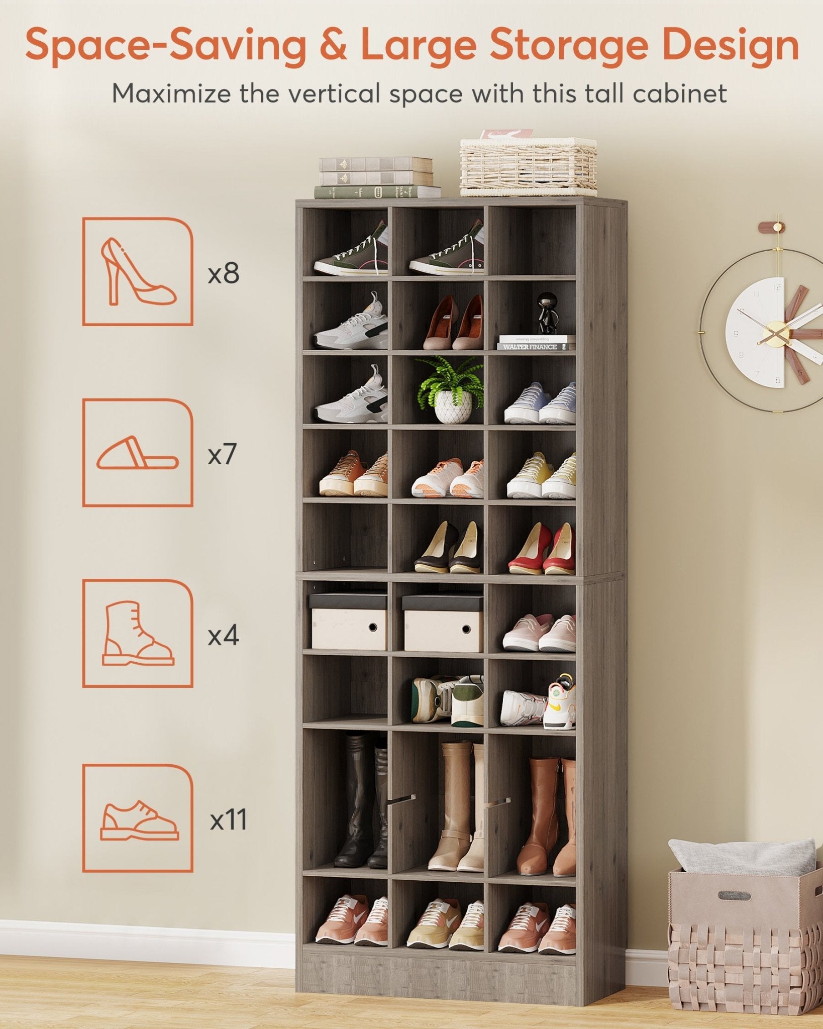 10-Tier Shoe Cabinet, Wooden Shoe Storage Rack with 30 Cubbies