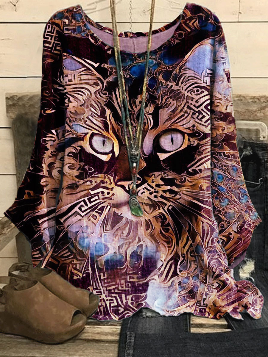 Round Neck Casual Loose Bronzing Cat Print Long-sleeved Blouse