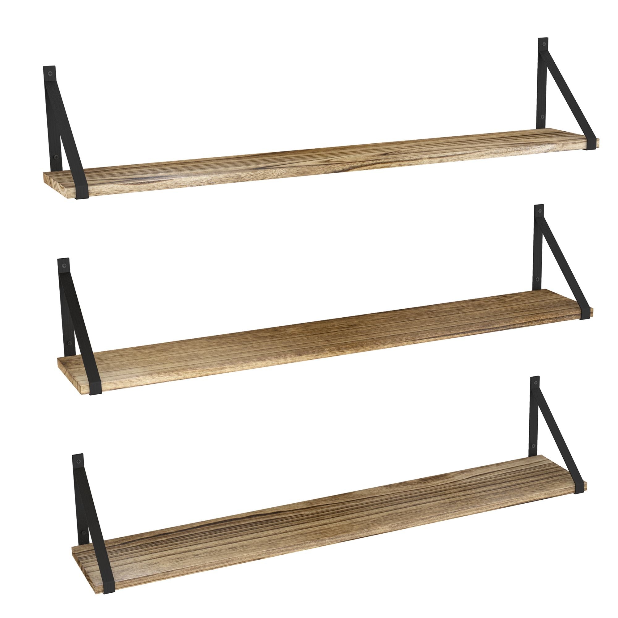 Wallniture Bora Wood Wall Storage Shelves for Living Room 36 inch Rustic Floating Shelf Hanging Bookscase, Natural Burned, Set of 3