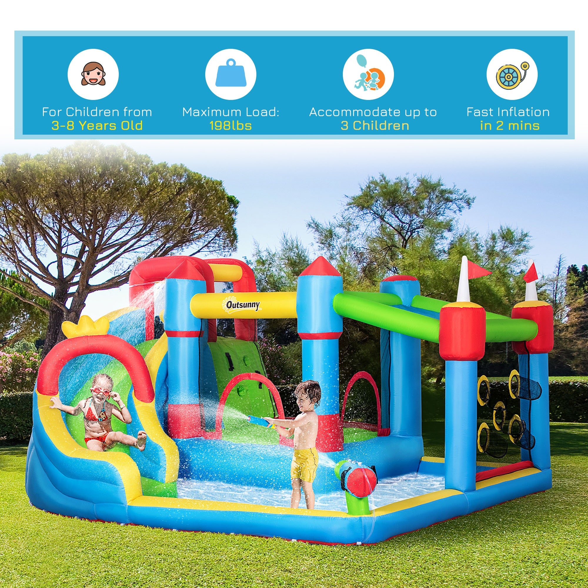 Outsunny 6-in-1 Inflatable Water Slide, Kids Water Park Castle Bounce House Includes Slide, Trampoline, Pool, Cannon, Climbing Wall, Throwing Wall with Carry Bag, Repair Patches, 450W Air Blower