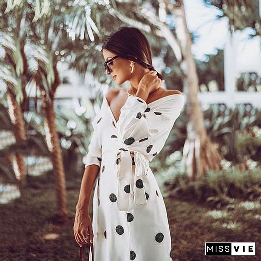 Casual Large Polka Dot V Neck Off Shoulder Maxi Dress