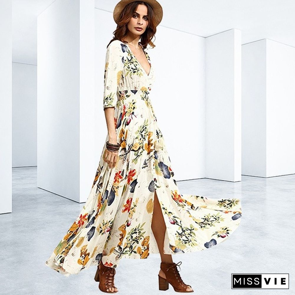 Fashion Bohemian Dress Womens V Neck Floral Print Big Swing Long Dress