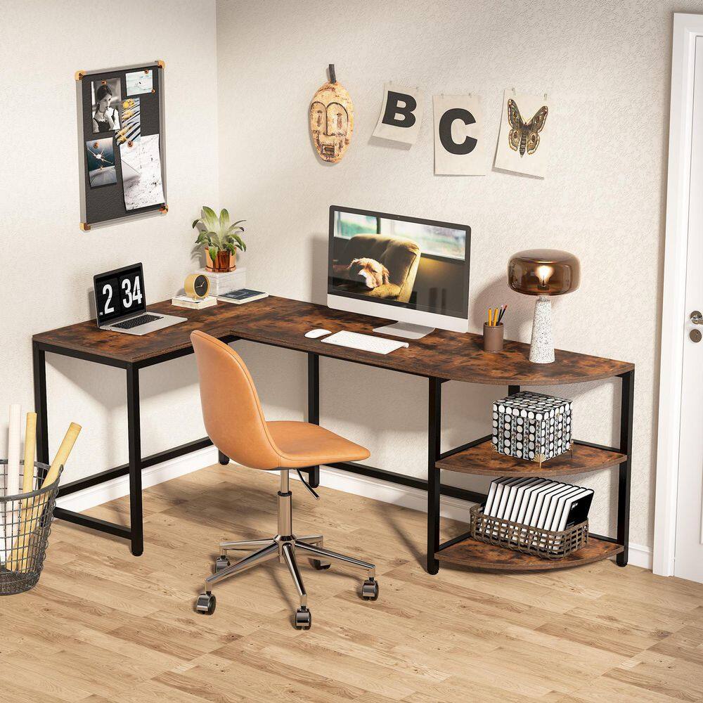 TRIBESIGNS WAY TO ORIGIN Halseey 74.8 in. W L-Shaped Brown Corner Computer Reversible Writing Studying Reading Desk 3 Tier Storage Shelves HD-CJ063-WZZ