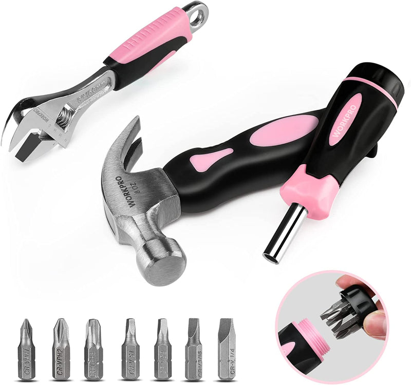 WORKPRO 10 Pcs Pink Household Tools Kit for Women with Screwdriver Bit