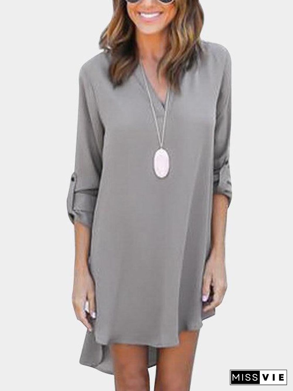 Grey V-Neck Long Sleeves Irregular Hem Chiffon Dress