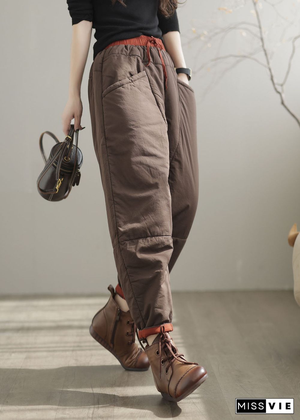 Khaki Patchwork Fine Cotton Filled Pants Elastic Waist Oversized Drawstring Winter