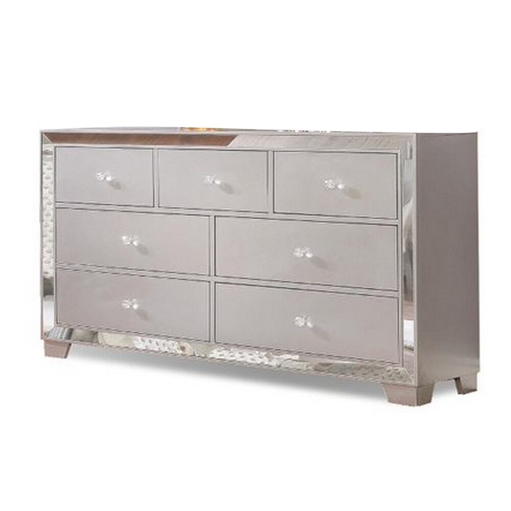 Eli 57 Inch Deluxe 7 Drawer Dresser  Mirrored Trim  Wood Frame  Silver