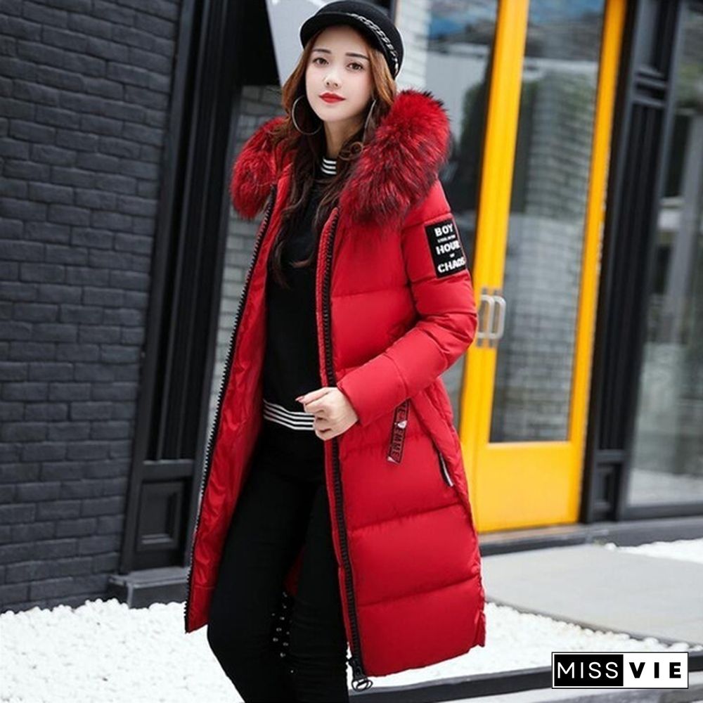 Winter New Woman Hooded Slim Large Fur Collar Long Ladies Cotton Coat Thick Coat Plus Size S-5XL